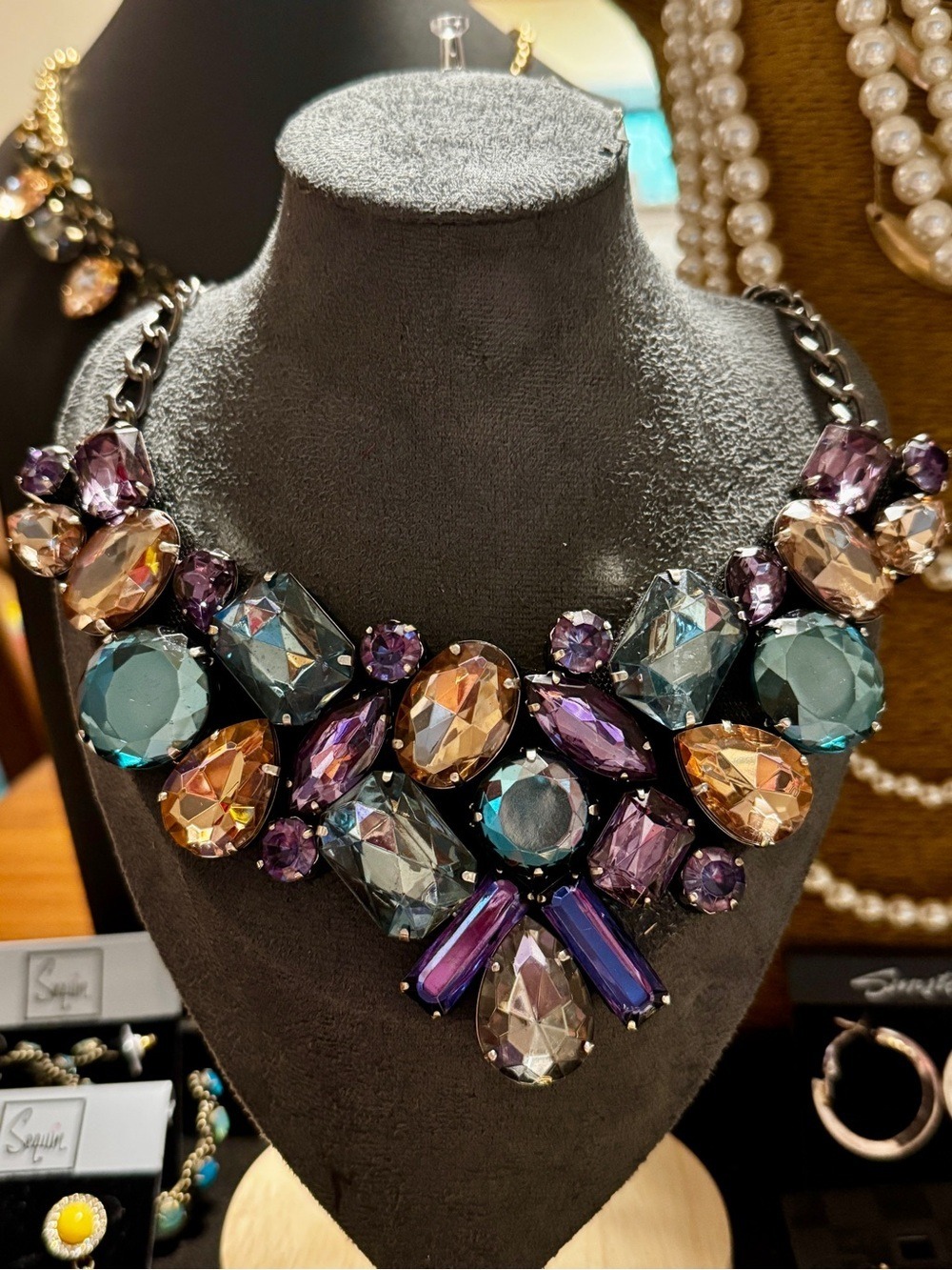 GUESS Multi-Gem Statement Necklace in Purple, Teal and Champagne